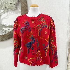 Vintage Michael Simon Christmas Reindeer Embroidered Beaded Cardigan Sweater 1 S